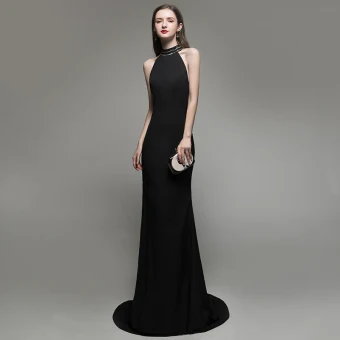 Sexy Couleur Unie Noire Robe De Soirée 2020 Trompette Sirène Titulaire Perlage Sans Manches Dos Nu Train De Balayage Robe De Ceremonie