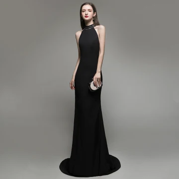 Sexy Couleur Unie Noire Robe De Soirée 2020 Trompette Sirène Titulaire Perlage Sans Manches Dos Nu Train De Balayage Robe De Ceremonie