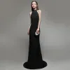Sexy Solid Color Black Evening Dresses  2020 Trumpet / Mermaid Halter Beading Sleeveless Backless Sweep Train Formal Dresses