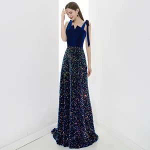 Scintillantes Bleu Roi Robe De Soirée 2020 Princesse Daim Bretelles Spaghetti Paillettes Sans Manches Dos Nu Longue Robe De Ceremonie