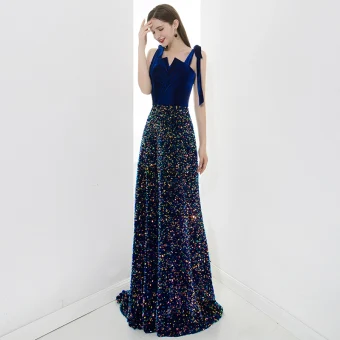 Scintillantes Bleu Roi Robe De Soirée 2020 Princesse Daim Bretelles Spaghetti Paillettes Sans Manches Dos Nu Longue Robe De Ceremonie