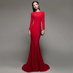 Classy Solid Color Red Evening Dresses 2020 Trumpet Mermaid Square Neckline Long Sleeve Backless Sweep Train Formal Dresses