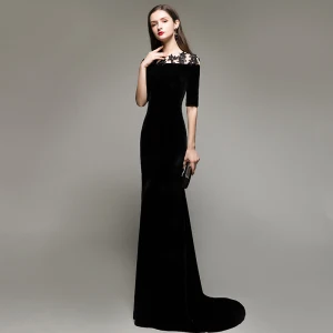 Elegant Modest Simple Black Evening Dresses 2020 Trumpet Mermaid Suede Scoop Neck Lace Flower 1 2 Sleeves Sweep Train Formal Dresses