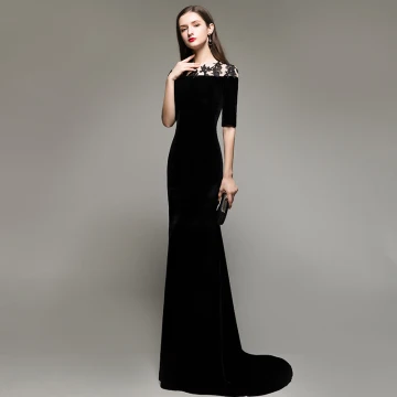 Elegant Modest Simple Black Evening Dresses 2020 Trumpet Mermaid Suede Scoop Neck Lace Flower 1 2 Sleeves Sweep Train Formal Dresses