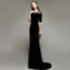 Elegant Modest / Simple Black Evening Dresses  2020 Trumpet / Mermaid Suede Scoop Neck Lace Flower 1/2 Sleeves Sweep Train Formal Dresses