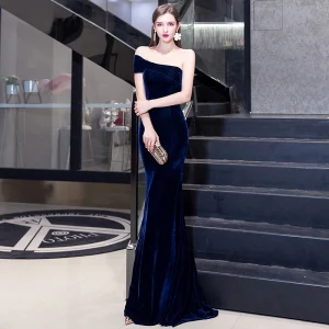 Elegant Solid Color Navy Blue Evening Dresses 2020 Trumpet Mermaid Suede One Shoulder Sleeveless Backless Floor Length Long Formal Dresses