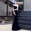 Élégant Couleur Unie Bleu Marine Robe De Soirée 2020 Trompette / Sirène Daim Une épaule Sans Manches Dos Nu Longue Robe De Ceremonie