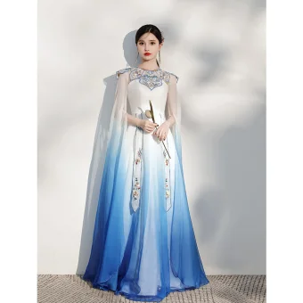 Chinese Style Gradient Color Pool Blue Silk Evening Dresses 2021 A Line Princess Scoop Neck Embroidered Short Sleeve Floor Length Long Evening Party Formal Dresses