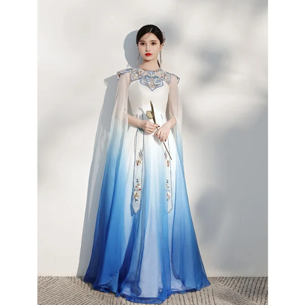 Chinese style Gradient-Color Pool Blue Silk Evening Dresses 2021 A-Line / Princess Scoop Neck Embroidered Short Sleeve Floor-Length / Long Evening Party Formal Dresses