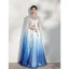 Chinese style Gradient-Color Pool Blue Silk Evening Dresses  2021 A-Line / Princess Scoop Neck Embroidered Short Sleeve Floor-Length / Long Evening Party Formal Dresses