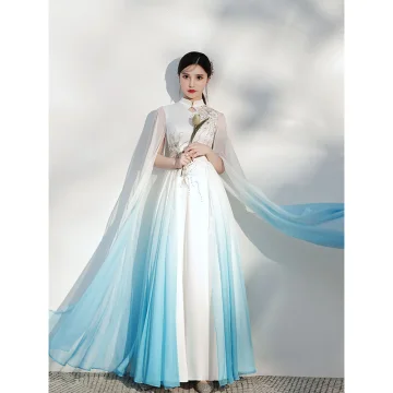Chinese Style Gradient Color Ivory Cheongsam Qipao Evening Dresses 2021 Chiffon A Line Princess High Neck Beading Short Sleeve Floor Length Long Formal Dresses