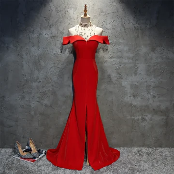 Chic Belle Rouge Robe De Soirée 2018 Trompette Sirène Paillettes Fendue Devant Épaules Sans Manches Longue Robe De Ceremonie
