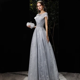 Élégant Gris Robe De Soirée 2020 Princesse Encolure Dégagée Perlage Paillettes En Dentelle Fleur Manches Courtes Dos Nu Longue Robe De Ceremonie