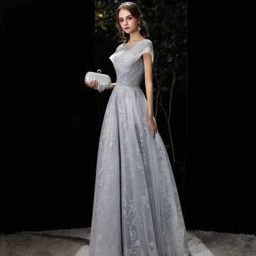 Élégant Gris Robe De Soirée 2020 Princesse Encolure Dégagée Perlage Paillettes En Dentelle Fleur Manches Courtes Dos Nu Longue Robe De Ceremonie