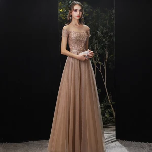 Charmant Doré Robe De Soirée 2020 Princesse Encolure Dégagée Perlage Paillettes Ceinture Manches Courtes Longue Robe De Ceremonie