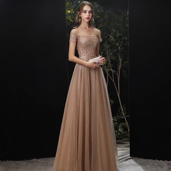 Charmant Doré Robe De Soirée 2020 Princesse Encolure Dégagée Perlage Paillettes Ceinture Manches Courtes Longue Robe De Ceremonie