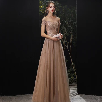 Charming Gold Evening Dresses 2020 A Line Princess Scoop Neck Beading Sequins Sash Short Sleeve Floor Length Long Formal Dresses