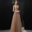 Charming Gold Evening Dresses  2020 A-Line / Princess Scoop Neck Beading Sequins Sash Short Sleeve Floor-Length / Long Formal Dresses