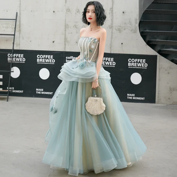 Fashion Jade Green Prom Dresses 2020 A-Line Princess Strapless Pearl Sleeveless Backless