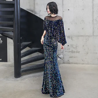 Glitter Multi Kleuren Avondjurken 2020 Trompet Zeemeermin Pailletten Ronde Hals 3 4 Mouwen Lange Gelegenheid Jurken