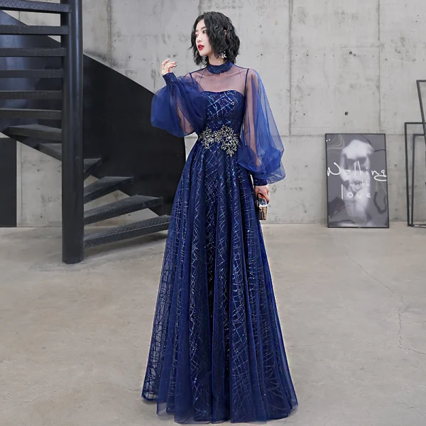 Classy Royal Blue Evening Dresses 2020 A-Line / Princess High Neck Sequins Lace Flower Long Sleeve Backless Floor-Length / Long Formal Dresses