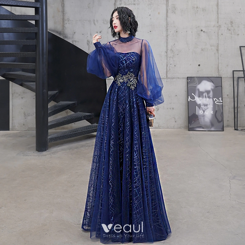 Classy Royal Blue Evening Dresses 2020 A-Line / Princess High Neck Sequins  Lace Flower Long Sleeve Backless Floor-Length / Long Formal Dresses