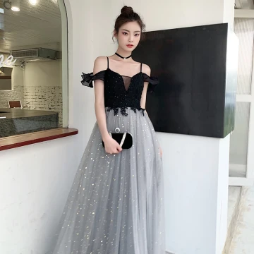 Fashion Grey Star Sequins Evening Dresses 2020 A Line Princess Spaghetti Straps Lace Flower Sleeveless Backless Floor Length Long Formal Dresses