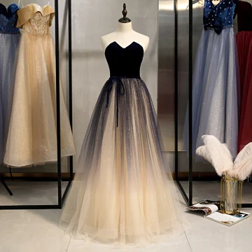 Classy Champagne Prom Dresses 2020 A Line Princess Glitter Tulle Suede Strapless Bow Sleeveless Backless Floor Length Long Formal Dresses