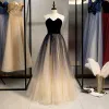 Classy Champagne Prom Dresses 2020 A-Line / Princess Glitter Tulle Suede Strapless Bow Sleeveless Backless Floor-Length / Long Formal Dresses