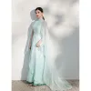 Style Chinois Vert Citron Impression Cheongsam Robe De Soirée Chiffon 2021 Princesse Col Haut Perlage Manches Courtes Longue Soirée Robe De Ceremonie