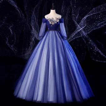 Élégant Bleu Marine Robe De Bal 2020 Robe Boule Encolure Dégagée Perlage Perle En Dentelle Fleur 3 4 Manches Dos Nu Longue Robe De Ceremonie