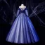 Elegant Navy Blue Prom Dresses 2020 Ball Gown Scoop Neck Beading Pearl Lace Flower 3/4 Sleeve Backless Floor-Length / Long Formal Dresses