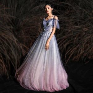 Charming Gradient Color Glitter Evening Dresses 2020 A Line Princess Spaghetti Straps Beading Short Sleeve Backless Floor Length Long Formal Dresses