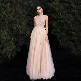 Élégant Doré Robe De Soirée 2020 Princesse Encolure Dégagée Perlage Faux Diamant Sans Manches Longue Robe De Ceremonie