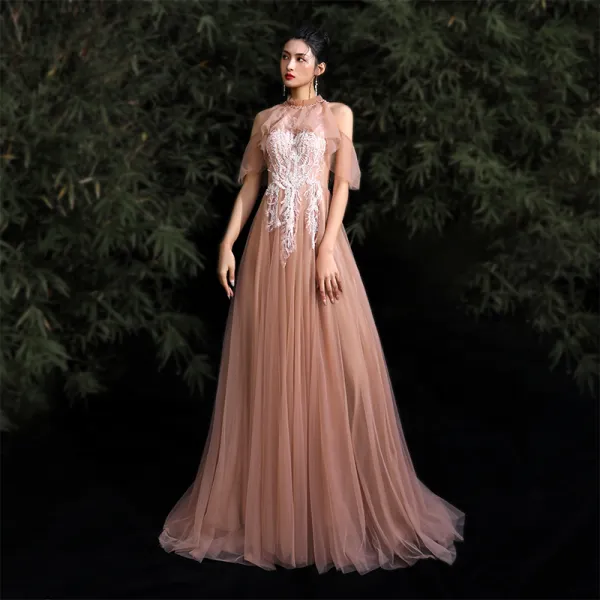 Chic / Beautiful Nude Prom Dresses 2020 A-Line / Princess Halter Beading Sequins Lace Flower Short Sleeve Backless Sweep Train Formal Dresses