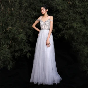 Charming Grey Evening Dresses 2020 A Line Princess Spaghetti Straps Beading Rhinestone Sequins Sleeveless Backless Floor Length Long Formal Dresses