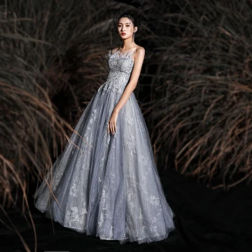 Charming Grey Prom Dresses 2020 A Line Princess Strapless Tassel Lace Flower Sequins Sleeveless Backless Floor Length Long Formal Dresses