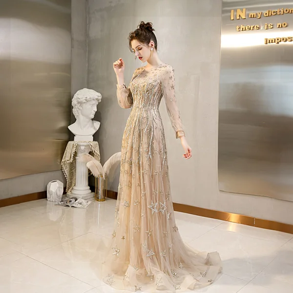 gold beading for dresses Gold Beads Appliques Fit and Flare Prom Dresses Off-the-Shoulder Tulle Ruffles Evening Gowns main image 1