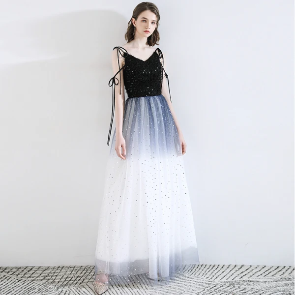 Fashion Ocean Blue Evening Dresses 2020 A-Line / Princess Spaghetti Straps Tassel Star Sequins Sleeveless Backless Floor-Length / Long Formal Dresses