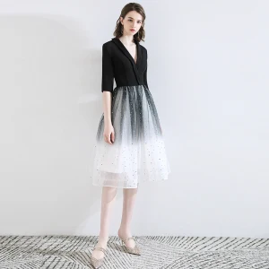 Chic Belle Noire De Retour Robe De Graduation 2020 Princesse V Cou Étoile Paillettes Noeud 1 2 Manches Mi Longues Robe De Ceremonie