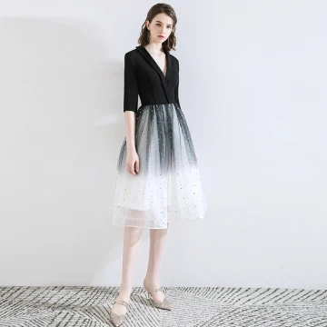 Chic Belle Noire De Retour Robe De Graduation 2020 Princesse V Cou Étoile Paillettes Noeud 1 2 Manches Mi Longues Robe De Ceremonie