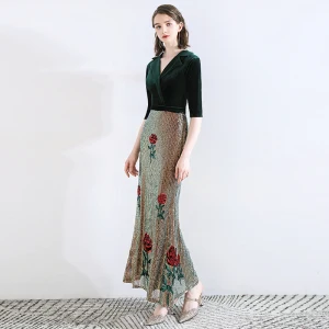 Classic Dark Green Evening Dresses 2020 Trumpet Mermaid Suede V Neck Sequins 1 2 Sleeves Ankle Length Formal Dresses