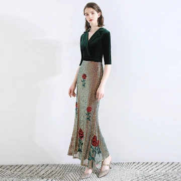Classique Vert Foncé Robe De Soirée 2020 Trompette Sirène Daim V Cou Paillettes 1 2 Manches Longueur Cheville Robe De Ceremonie