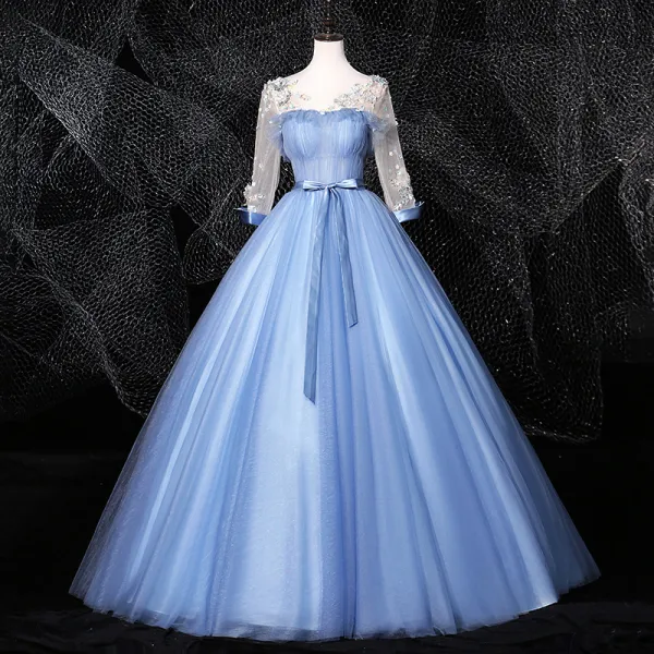 Flower Fairy Sky Blue Fairytale Prom Dresses 2020 Ball Gown Scoop Neck Appliques Rhinestone Lace Flower Bow 3/4 Sleeve Backless Floor-Length / Long