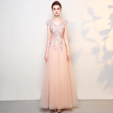 Elegant Pearl Pink Prom Dresses 2018 A Line Princess Lace Flower Pearl V Neck Backless Sleeveless Floor Length Long Formal Dresses