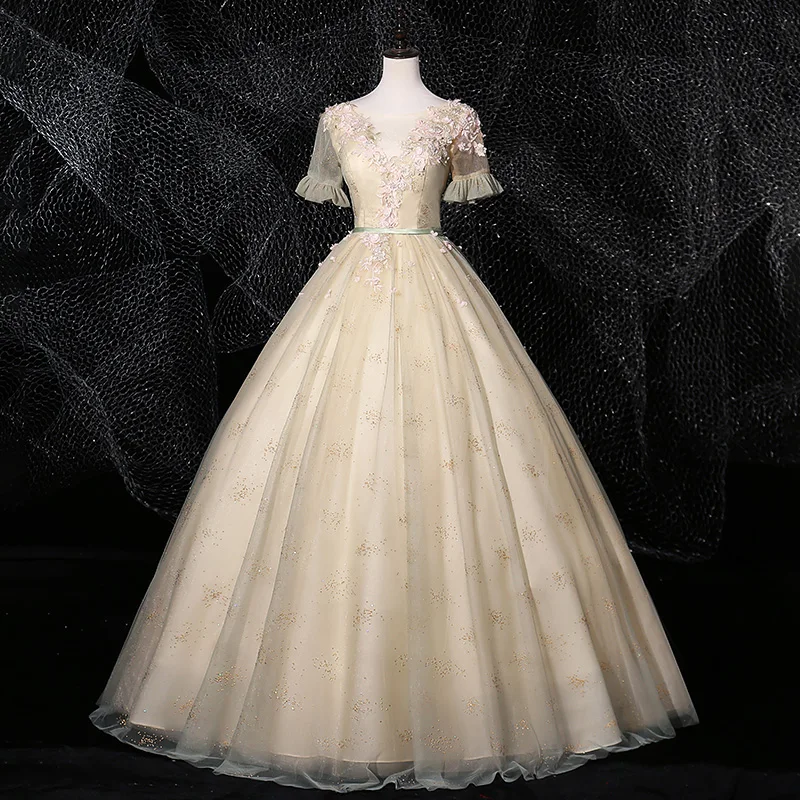 Elegant Fairytale Champagne Prom Dresses 2020 Ball Gown Scoop Neck  Rhinestone Lace Flower Appliques Short Sleeve Backless Floor Length Long  Formal Dresses