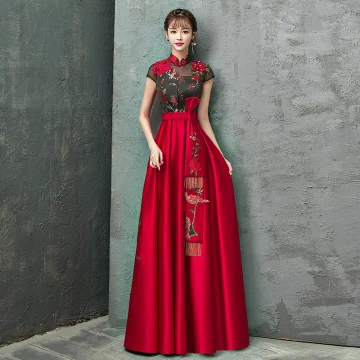 Chinese Style Red Evening Dresses 2020 A Line Princess High Neck Rhinestone Lace Flower Bow Cap Sleeves Backless Floor Length Long Formal Dresses