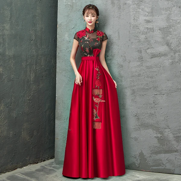 Style Chinois Rouge Robe De Soirée 2020 Princesse Col Haut Faux Diamant En Dentelle Fleur Noeud Mancherons Dos Nu Longue Robe De Ceremonie