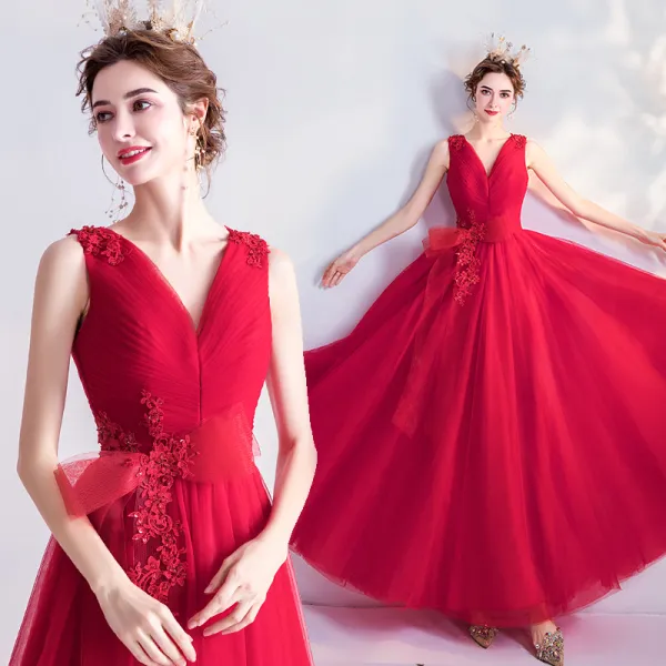 Chic / Beautiful Red Prom Dresses 2020 A-Line / Princess V-Neck Bow Beading Sequins Lace Flower Sleeveless Backless Floor-Length / Long Formal Dresses