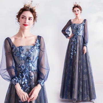 Vintage Originale Bleu Marine Robe De Bal 2020 Princesse Encolure Carrée Glitter En Dentelle Fleur Faux Diamant Manches Longues Dos Nu Longue Robe De Ceremonie